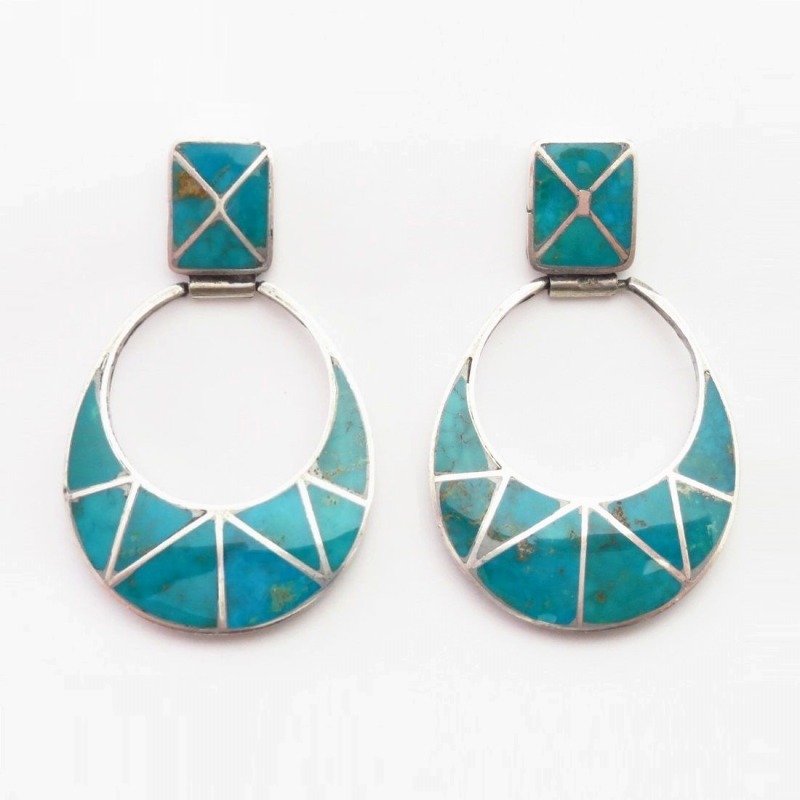 Vtg Zuni Gem Turquoise Inlay Dangle Pierced Earrings  c.1960