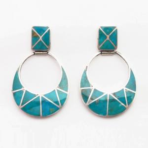 Vtg Zuni Gem Turquoise Inlay Dangle Pierced Earrings  c.1960