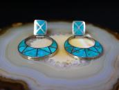 Vtg Zuni Gem Turquoise Inlay Dangle Pierced Earrings  c.1960