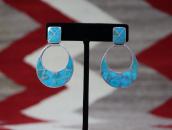 Vtg Zuni Gem Turquoise Inlay Dangle Pierced Earrings  c.1960
