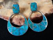 Vtg Zuni Gem Turquoise Inlay Dangle Pierced Earrings  c.1960