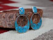 Vtg Zuni Gem Turquoise Inlay Dangle Pierced Earrings  c.1960
