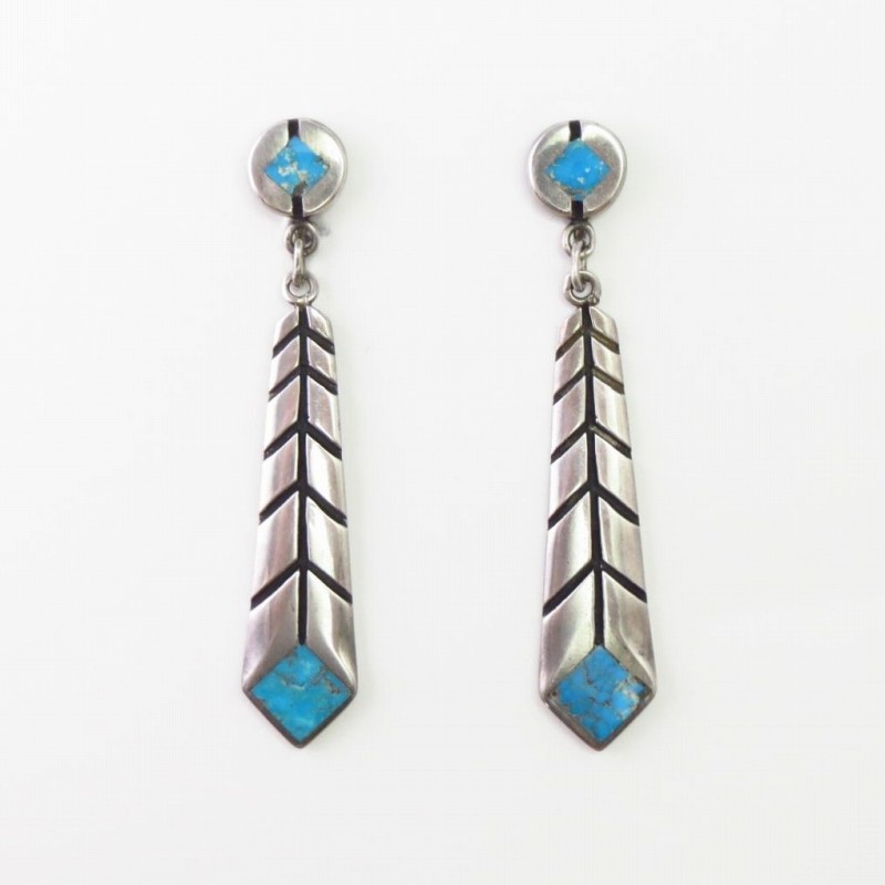 Vintage Zuni Turquoise Inlay Feather Dangle Earring  c.1950