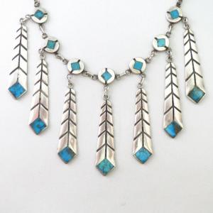 Vintage Zuni Turquoise Inlay Feather Dangle Necklace  c.1950