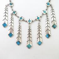 Vintage Zuni Turquoise Inlay Feather Dangle Necklace  c.1950