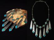 Vintage Zuni Turquoise Inlay Feather Dangle Necklace  c.1950