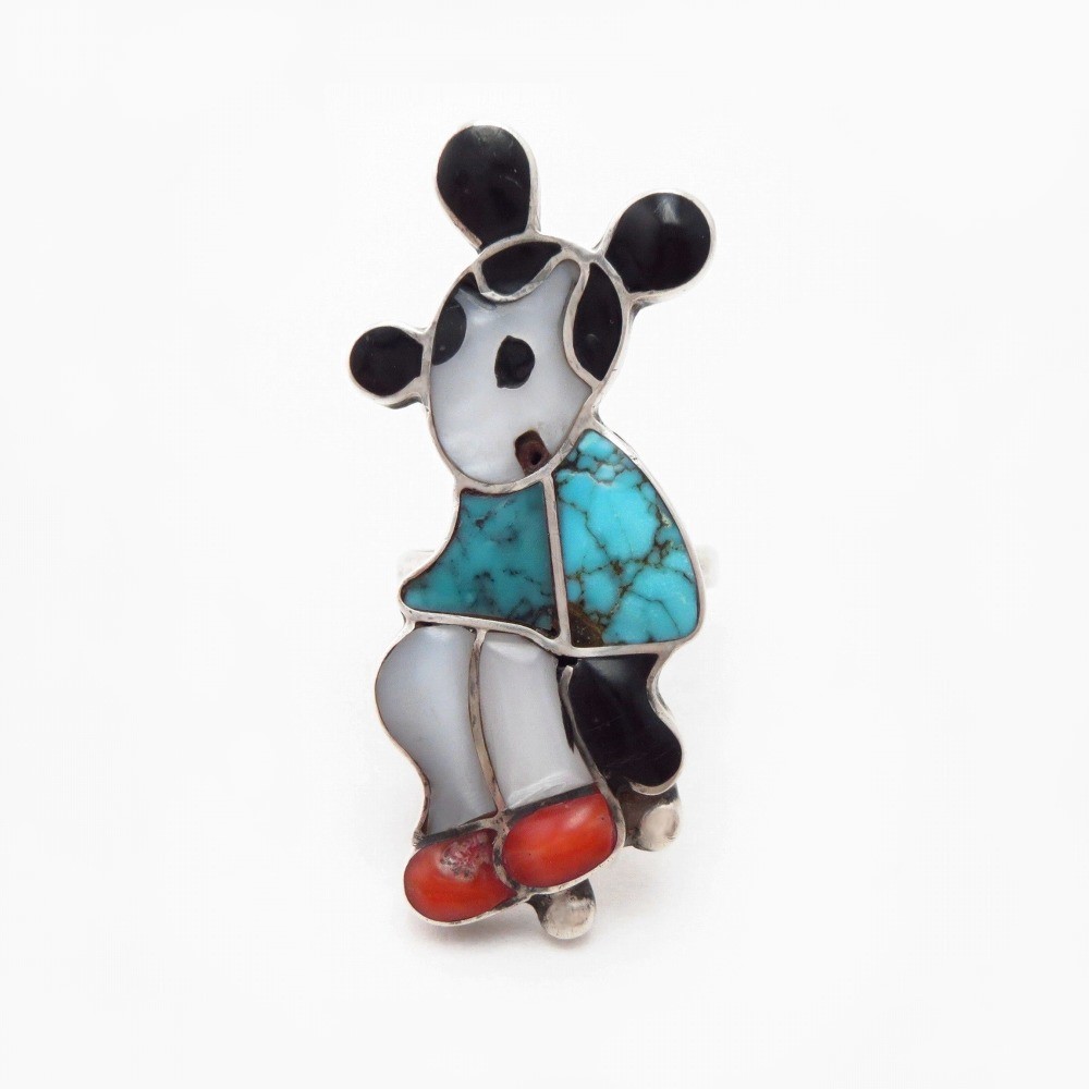 Vintage Zuni Gem Turquoise Inlay『Mickey?』Silver Ring c.1975～