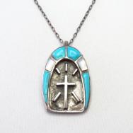 OLD Zuni Turquoise & Shell Inlay Cross Fob Necklace  c.1970～