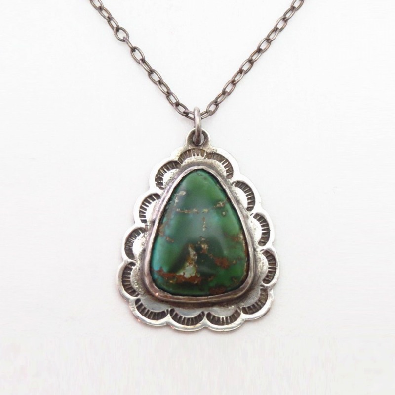 Vtg Navajo Scalloped Edge Fob Necklace w/Turquoise c.1960～