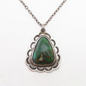 Vtg Navajo Scalloped Edge Fob Necklace w/Turquoise c.1960～