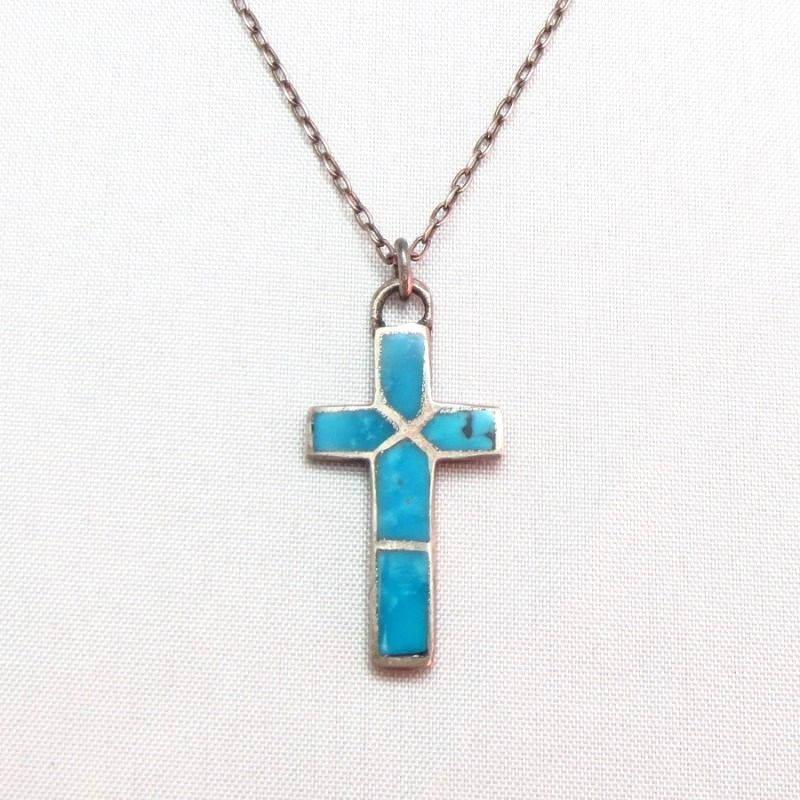 Vintage ZUNI Inlay Small Cross Fob Necklace
