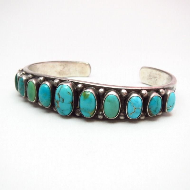 Antique 11 Turquoise Row Ingot Silver Cuff Bracelet  c.1910～