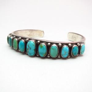 Antique 11 Turquoise Row Ingot Silver Cuff Bracelet  c.1910～