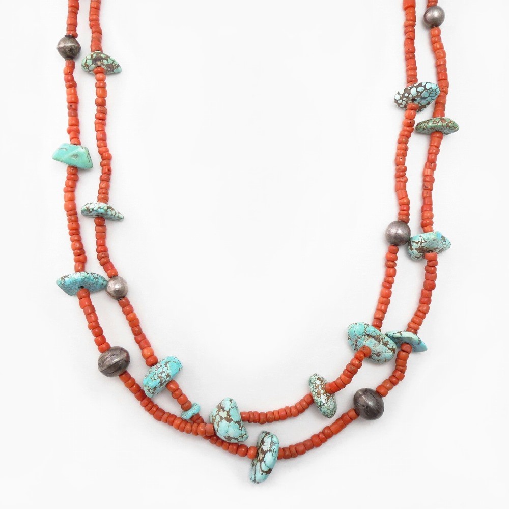 Vtg Coral & No.8 Turquoise Bead 2 Strand Necklace c.1945～