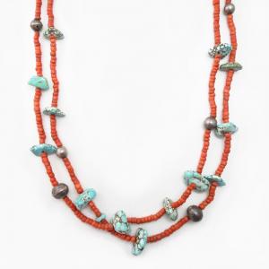Vtg Coral & No.8 Turquoise Bead 2 Strand Necklace c.1945～