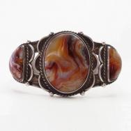 【GARDEN OF THE GODS】Antique Silver Cuff w/Three Agate c.1935