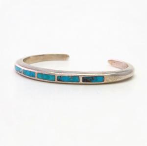 Vintage Zuni Gem Quality Turquoise Inlay Narrow Cuff  c.1960